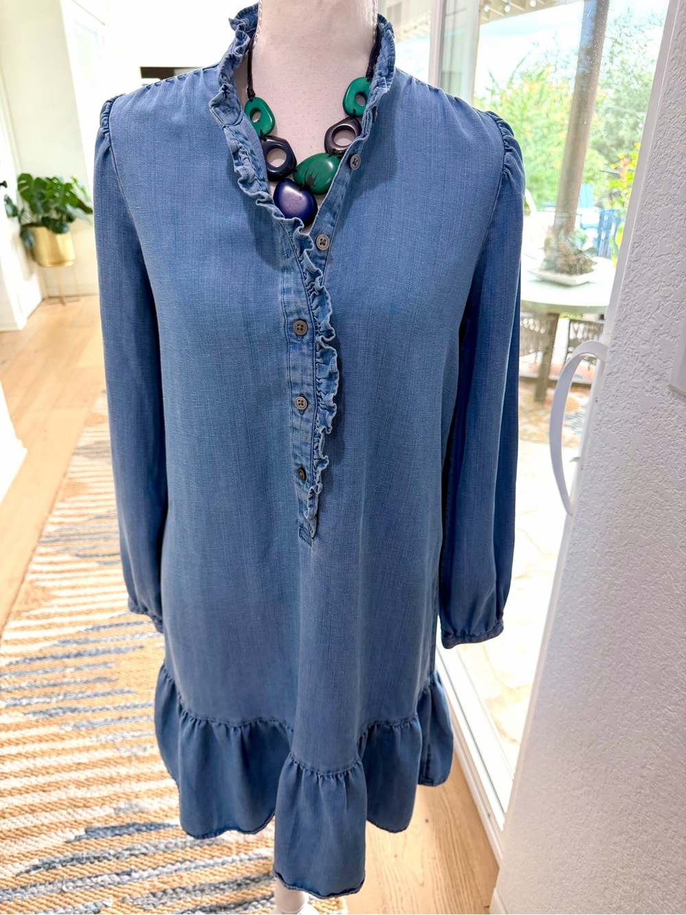 LOFT Faded Denim-Blue Ruffle V-Neck Long-Sleeve Dress XS Oversized